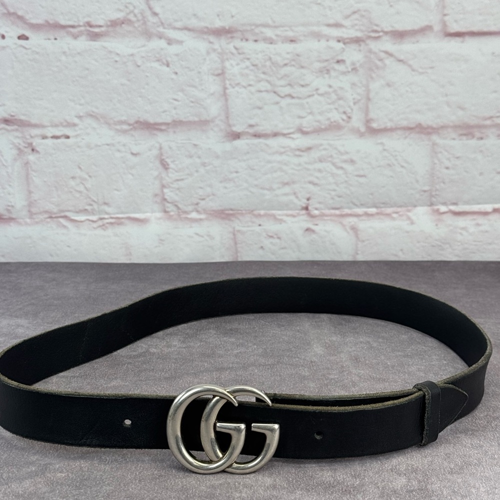 Gucci Black Raw Edge Leather Marmont Belt l Silver Buckle 414516 85/34 - Picture 2 of 11